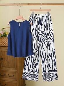 Rusticease 两件套女士休闲纯色褶皱吊带背心和斑马纹阔腿裤套装 - 藏蓝色 - 查看 2