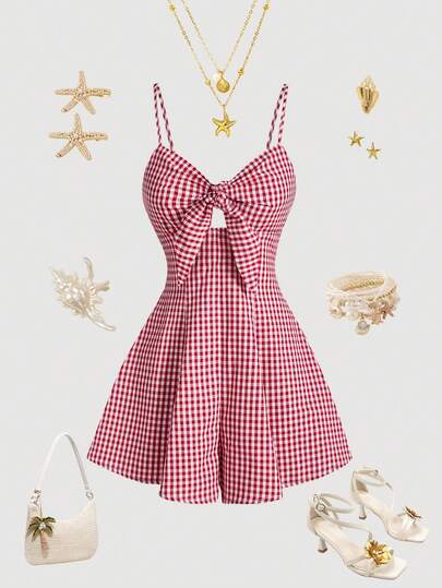 SHEIN MOD Mono de tirantes con estampado de cuadros rojos y blancos