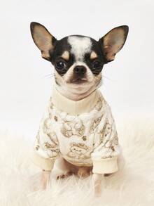 PETSIN 1件印花三只泰迪熊法兰绒卫衣，厚实保暖，适合宠物秋冬季穿着