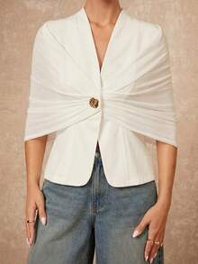Lumalex Áo khoác vest nữ thanh lịch, kiểu dáng thường ngày, thiết kế phối lưới mới, màu trắng, thích hợp cho công sở, du lịch, nghỉ dưỡng, đi biển, lễ Phục sinh, lễ hội âm nhạc, dự tiệc, tiệc cưới, ngày Valentine, lễ hội Al-Adha, tiệc mùa xuân/hè. - trắng - Xem 4