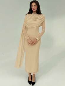 Aloruh Women's Solid Color Pleated Ruffle Elegant Slim Dress - Beige - View 4