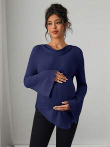 SHEIN Áo thun bầu cổ cao tay loe vạt lệch có dây rút, thích hợp mặc mùa thu/đông. - Xanh đậm - Xem 3