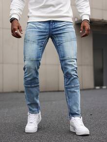 Manfinity Homme Men's Pocket Button Casual Versatile Commuting Denim Jeans - Medium Wash - View 3