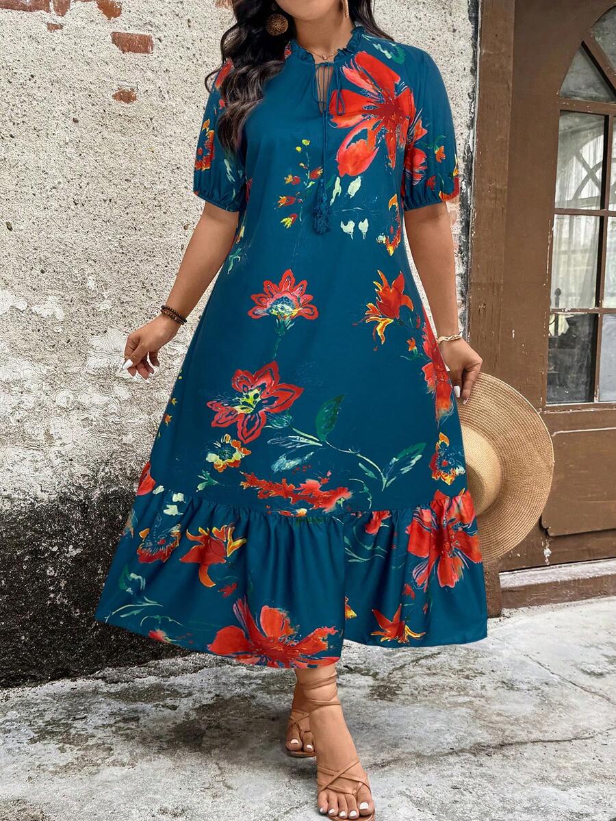 SHEIN LUNE 女士碎花印花长裙，休闲度假风夏季女装，夏季女装，夏季服装 - 水鴨藍 - 查看 1