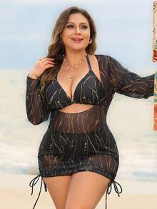 SHEIN Swim Lushore 大码女式夏季沙滩波点印花性感吊带比基尼套装，含罩衫 - 彩色 - 查看 5