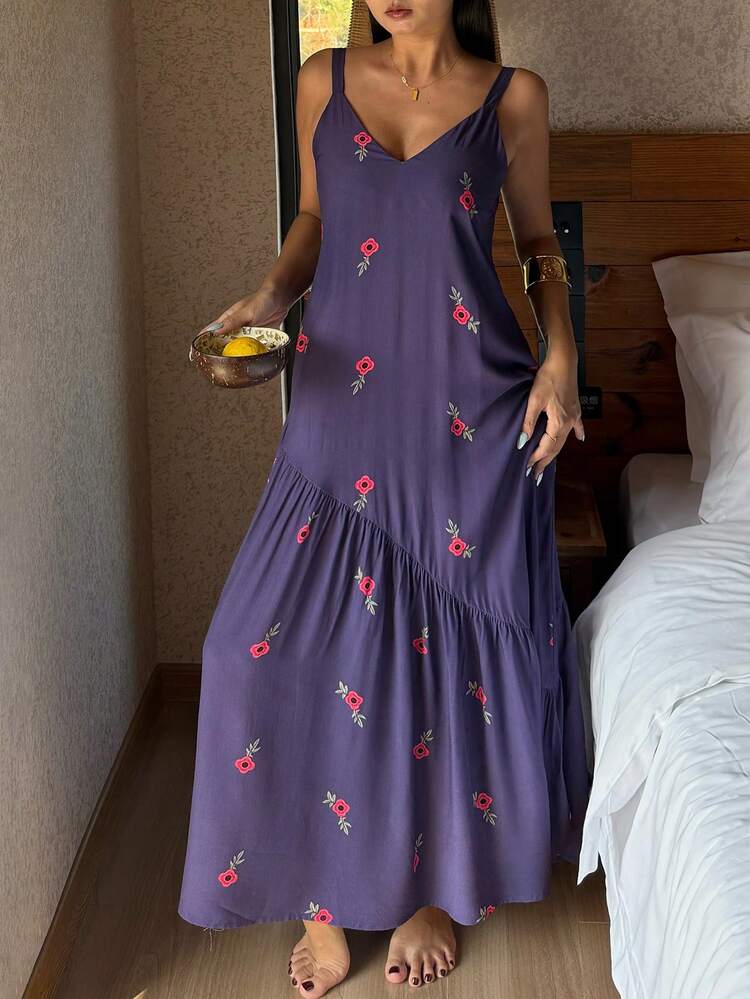 Floral Print Maxi Slip Dress For Women, Vacation Style