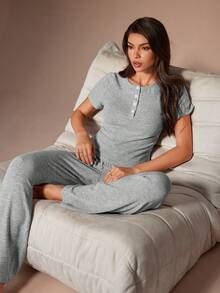SHEIN European & American Style Fitted Short Sleeve Button-Up Top And Pants Casual Pajama Set - Grey - View 4