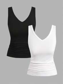 2pcs/Set Teen Girls' Black & White V-Neck Sleeveless Ruched Waist Fitted Knit Camisole Tops, Buy 1 Get 1 Free - Black and White - View 1