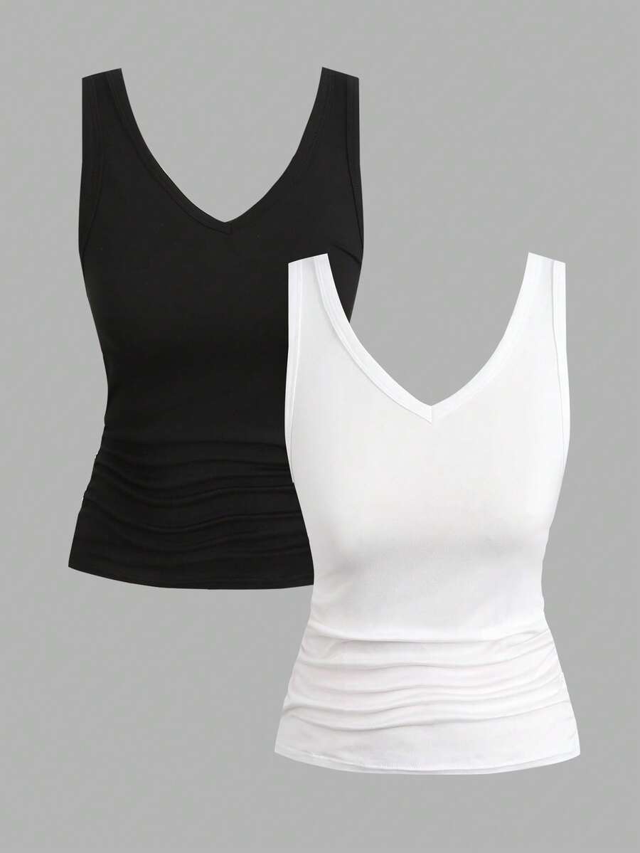 2pcs/Set Teen Girls' Black & White V-Neck Sleeveless Ruched Waist Fitted Knit Camisole Tops, Buy 1 Get 1 Free - Black and White - View 1