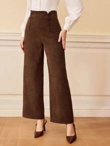 Vintamour 复古经典优雅女士长裤，修身直筒裤，新款中式纽扣棕色长裤，秋冬棕色女士高腰阔腿裤，春季女士长裤，棕色灯芯绒女士优雅长裤，高腰灯芯绒女士长裤 - 棕色 - 查看 5