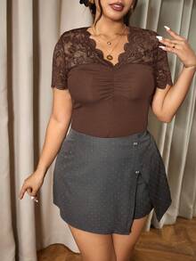 Elaquor Plus Size Spring Elegant Lace Patchwork Ladies Casual Blouse - Brown - View 5