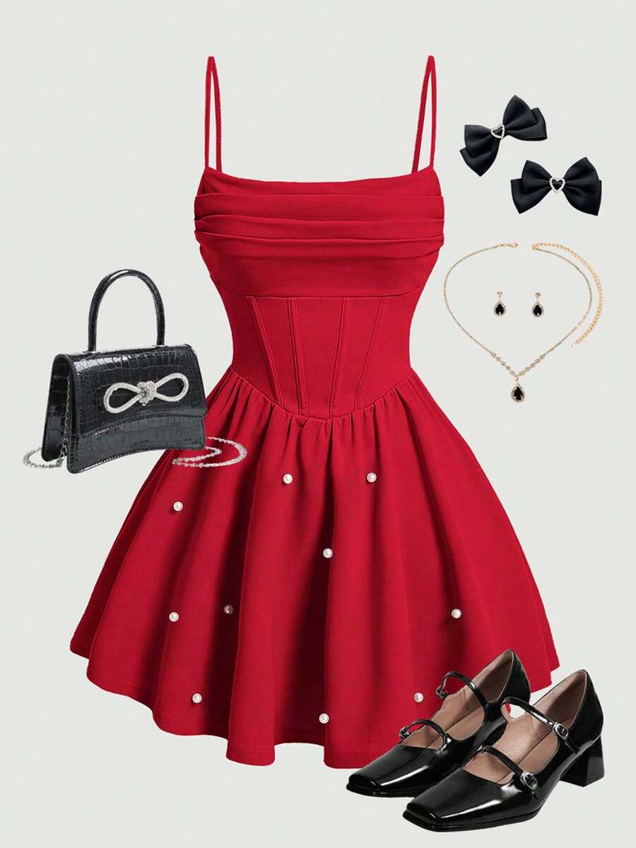 SHEIN Girlism Teen Girl Solid Color Ruched Front Waist Cinched Camisole Dress - Red - View 1