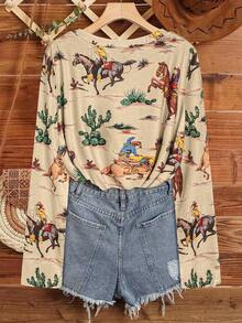 SHEIN LUNE 加大码圆领印花长袖休闲T恤 假日款 - 卡其色 - 查看 2