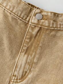 SHEIN MOD 大码女式爱心口袋毛边阔腿宽松休闲牛仔裤，适合夏季、春季、情人节、嘉年华、海滩、生日、度假等场合，Y2K风格爱心毛边阔腿牛仔裤 - 杏色 - 查看 3