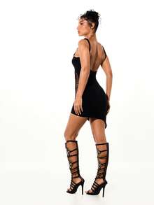 SUMWON WOMEN Sleeveless Bodycon Midi Dress With Ladder Cut-Out Panel Details Double Strap Design Fitted Silhouette Party Nightclub Cocktail - Black - View 2