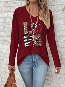 EMERY ROSE 休闲简约爱心印花宽松V领长袖T恤，适合大码女性，春秋季穿着，红色T恤，情人节礼物 - 彩色 - 查看 5