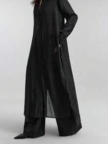 Ontre 2026 Spring/Summer New Women's Long Dress, Spring/Summer Clothing, Back To School, Women's Apparel, Christmas Outfit, Women's Teacher Uniform, Night Out Outfit, Business Casual, Women's Black Textured Long Sleeve Long Shirt Dress, Black Dress, Fashionable Versatile Bestselling Women's Long Dress - Black - View 7