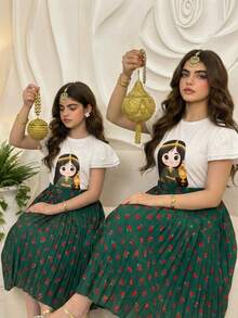 Tween Girls Green And White Middle Eastern Knit T-Shirt,Cute Cartoon Character Print,Pleated Maxi Skirt,Summer Loose Fit Family Matching Daily Wear - Multicolor - View 1