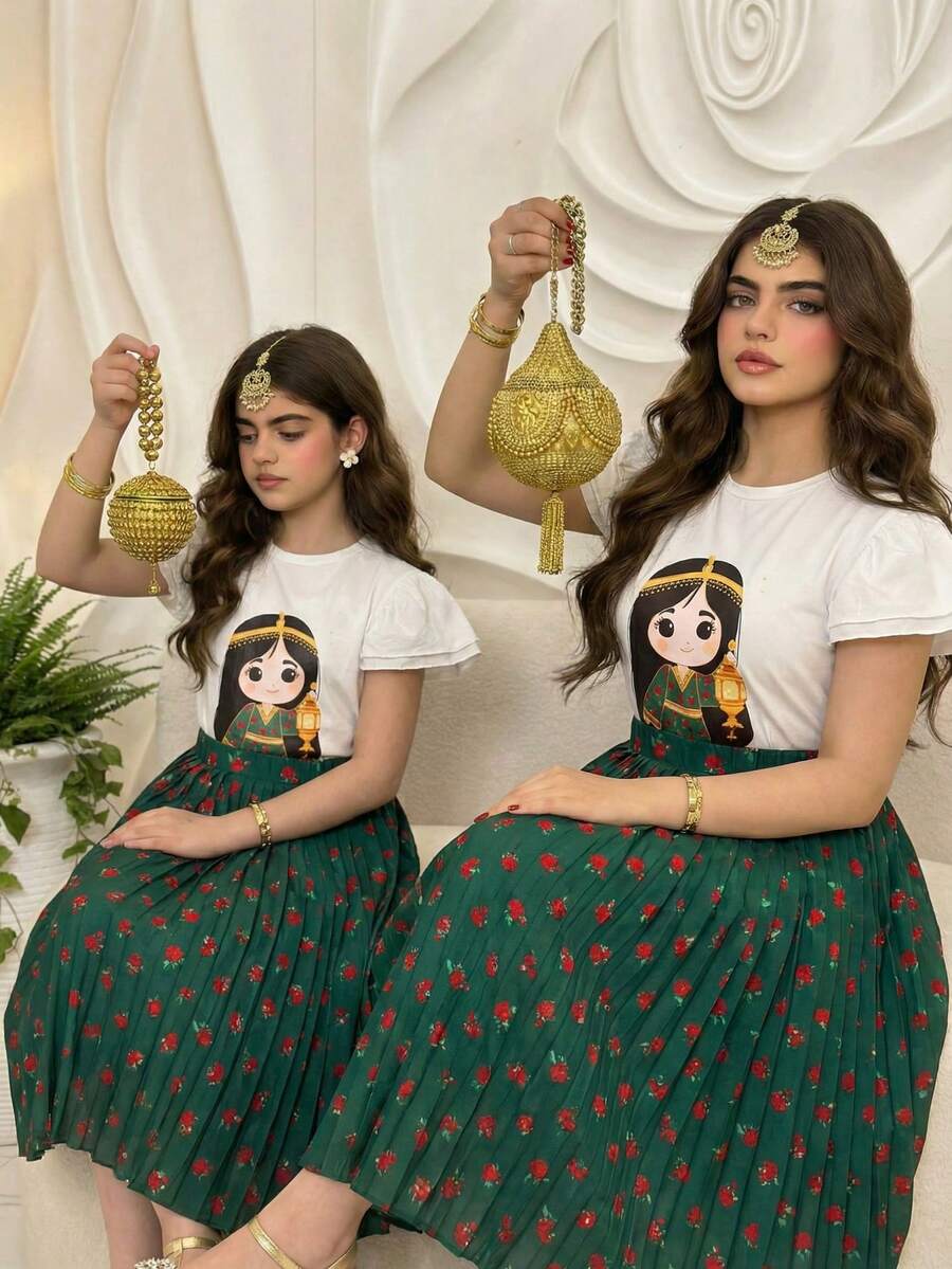 Tween Girls Green And White Middle Eastern Knit T-Shirt,Cute Cartoon Character Print,Pleated Maxi Skirt,Summer Loose Fit Family Matching Daily Wear - Multicolor - View 1