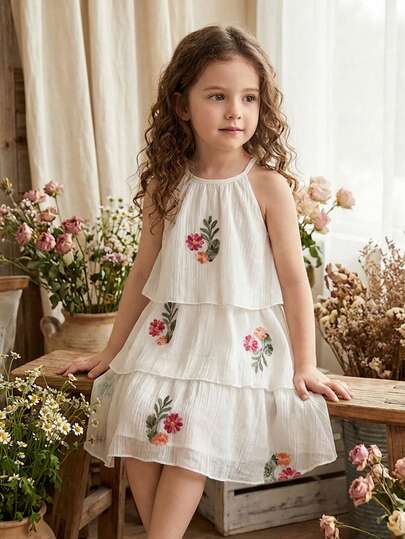 SHEIN Vintaside Kids 1pc Girls New Summer Sleeveless Cute Sweet Dress, White Halter Neck Wrinkle Texture, Floral Embroidery, Country Style Tiered Cake Dress, Suitable For Daily Wear, Birthday Party, Evening Party, Performance, Wedding, Baptism, Opening Ceremony, Casual, Outdoor Outing, Holiday Outfit, Perfect Match For Summer Clothing