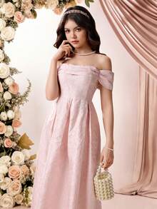 SHEIN Pitira 少女提花露肩优雅连衣裙，粉色 - 粉色 - 查看 5