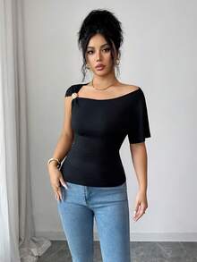 Elenzga Asymmetrical Asymmetric Shoulder Design Slim Fit Women T-Shirt - Black - View 7