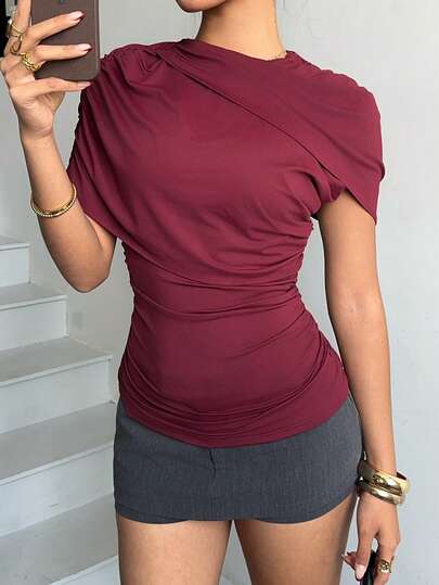 Siren Gaze Elegant enfärgad plisserad blus för kvinnor, sommar