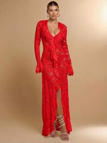 SHEIN BAE Đầm nữ màu trắng trơn, gợi cảm, đơn giản, thanh lịch, tay dài, xếp ly, cổ chữ V sâu, ren, thích hợp cho kỳ nghỉ hè đầu xuân, ngày lễ tình nhân, dự tiệc, hẹn hò lãng mạn, đám cưới, phù dâu, dạ hội, đi làm hàng ngày, sinh nhật, ngày lễ. - Đỏ - Xem 6