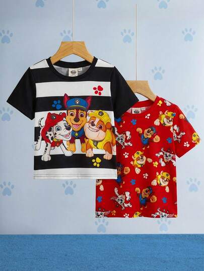 SHEIN | PAW Patrol 2件套 男童休闲可爱卡通狗印花圆领短袖针织T恤，夏季