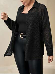 Chikora 大码女士优雅长袖衬衫，轻薄透气，黑色，适合工作和通勤，秋冬季穿着 - 黑色 - 查看 3