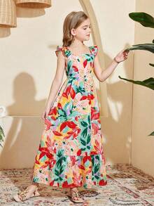 SHEIN 少女款梭织印花方领短袖长款连衣裙，夏季连衣裙，碎花连衣裙，短袖，方领，母女装 - 彩色 - 查看 6