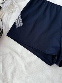 Teen Girls' Navy Blue & White Lace Trim Camisole Top And Shorts 2 Pieces Pajama Set, Spring/Summer - Royal Blue - View 6