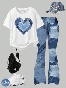 两件套女童休闲时尚T恤和喇叭裤套装，牛仔印花设计，适合春、夏、秋季穿着，是上学、户外活动、聚会和送礼的理想之选。 - 彩色 - 查看 3