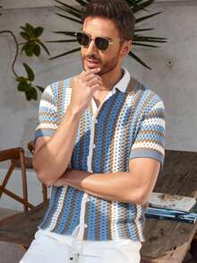 Manfinity RSRT Men's Blue And White Stripe Hollow-Out Crochet Top, Short Sleeve Single-Breasted Knitted Top,Summer Casual Holiday Vacation Resort Wear - Teal Blue - View 3