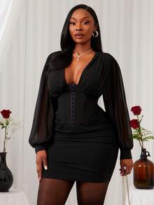 SHEIN SXY Plus Size Women's Solid Color Deep V-Neck Long Sleeve Front Button Ruched Fitted Sexy Fashion Dress,Suitable For Casual Outings, Dates, Birthday,Cocktail, Formal Event, Valentine's Day,Elegant Dresses For Women,Holiday Dress,Casual Dresses For Women,Valentine's Day - Black - View 3