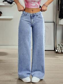 SHEIN Tall Women's Fashion Casual Versatile Elastic Waist Wide Leg Straight Jeans - Light Wash - View 1