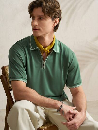 Airaco Camisa polo de negocios casual y de vacaciones para hombres con cuello y cremallera