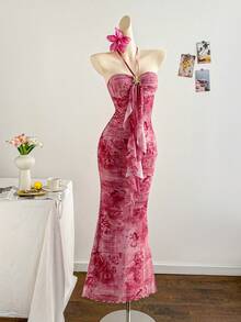 Soleia Đầm maxi ôm dáng dành cho nữ, in họa tiết hoa, phối bèo nhún, viền ren và trang trí hoa 3D bằng kim loại, thích hợp cho kỳ nghỉ. - Nhiều màu - Xem 3