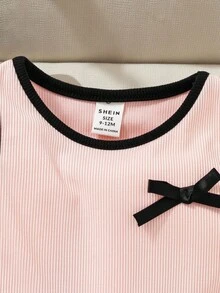 SHEIN Playful Pals 1pc Baby Girls Cute Pink And Black Colorblock Patchwork Ribbed Knit Bowknot Decor Sleeveless Round Neck High Waist A-Line Sundress For Party Summer - Multicolor - View 9