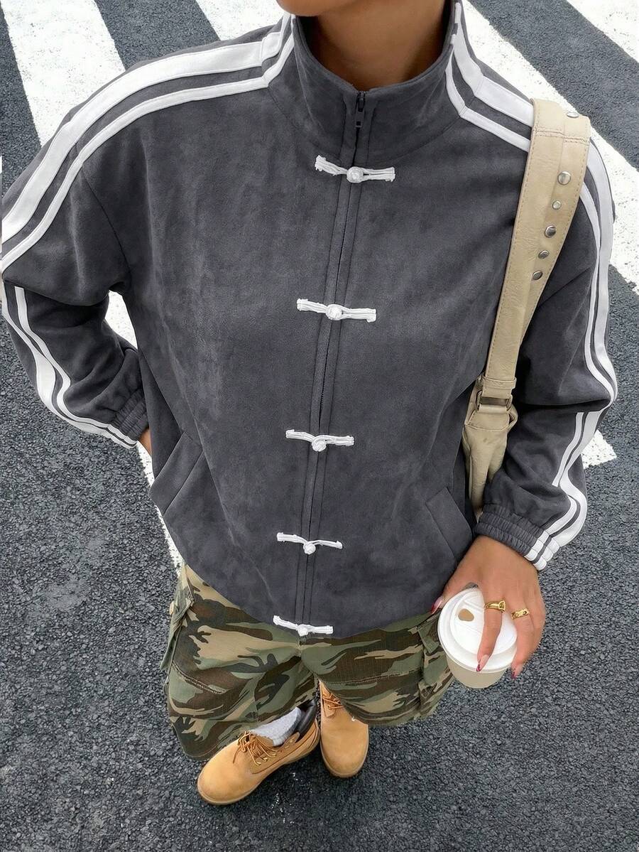 Muchica Women's Casual Gray Striped Knit Lightweight Jacket, Autumn - Grey - View 1