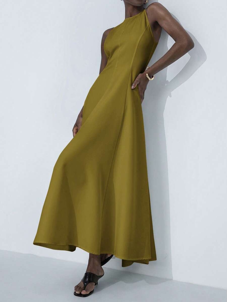 Aveloria Modichic Elegante vestido maxi de línea A con cuello redondo sin mangas, hombros asimétricos, cintura ceñida y volantes plisados exagerados para mujeres - Verde Oliva - Ver 1