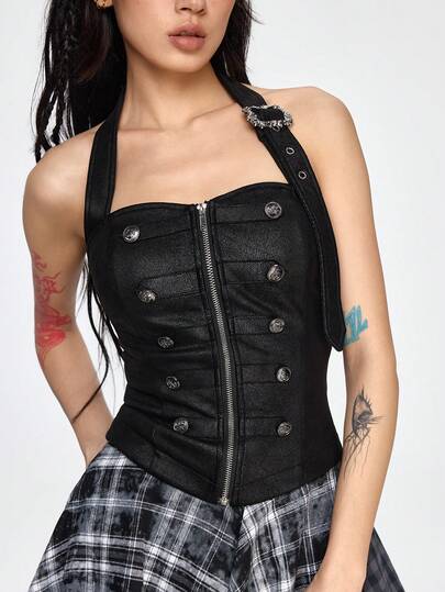 Grunge Punk Chaleco asimétrico sin tirantes de ante estilo marinero para mujer