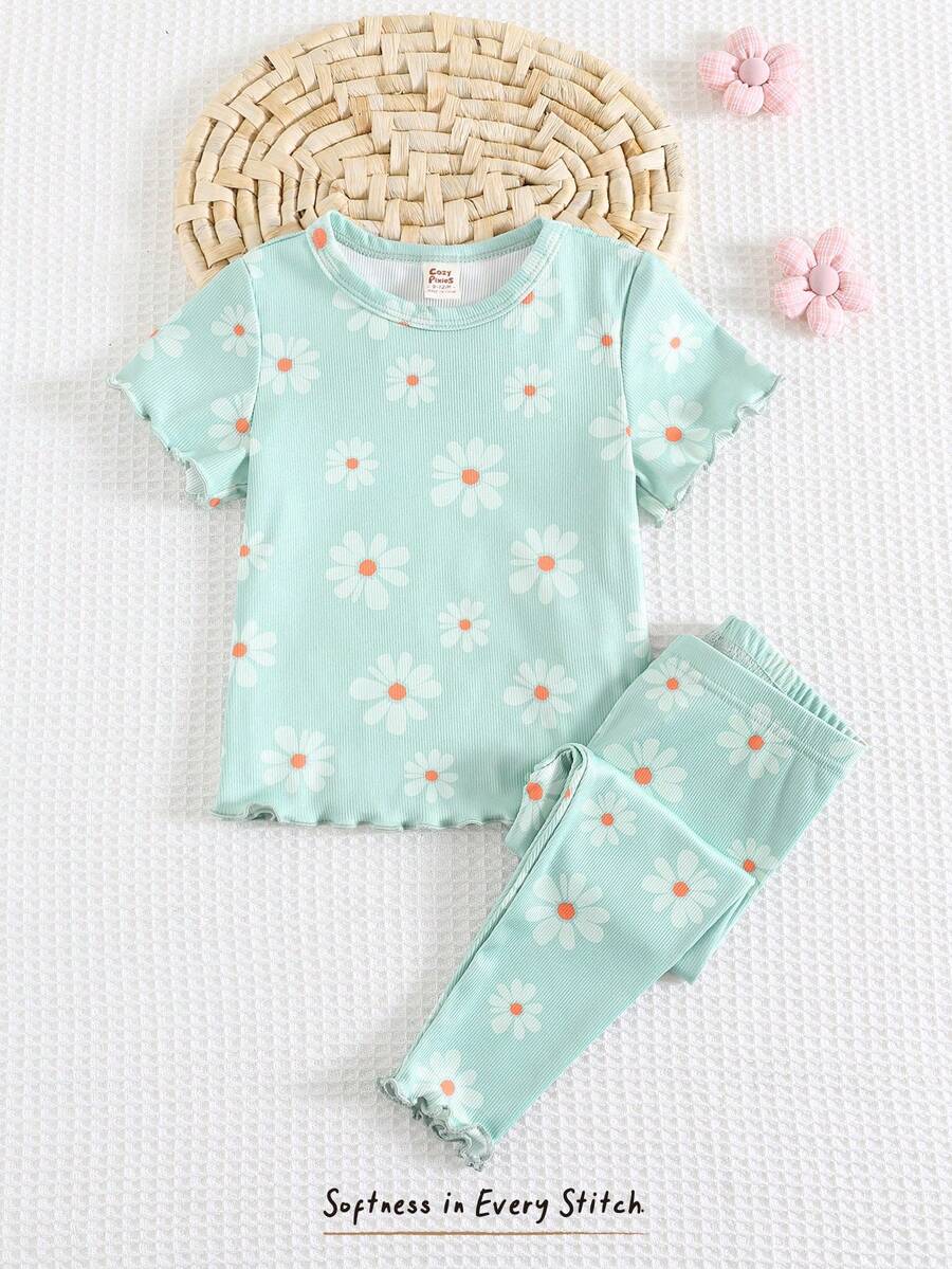 Cozy Pixies 2pcs Baby Girls Floral Knitted Soft Round Neck Short Sleeve Top And Elastic Waist Pants Set - Multicolor - View 1