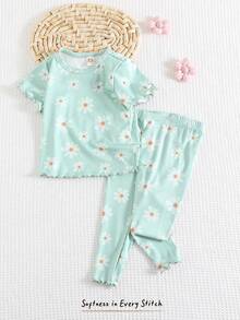 Cozy Pixies 2pcs Baby Girls Floral Knitted Soft Round Neck Short Sleeve Top And Elastic Waist Pants Set - Multicolor - View 3