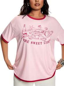 Solavibe Einfaches T-Shirt mit rundem Ausschnitt und kurzen Ärmeln in Große Größen - Pink - Übersicht 1