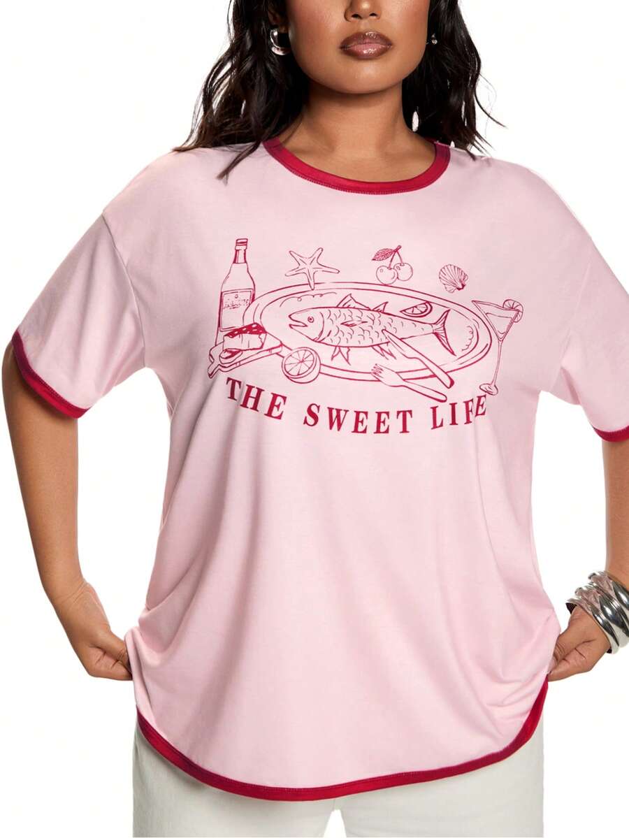 Solavibe Einfaches T-Shirt mit rundem Ausschnitt und kurzen Ärmeln in Große Größen - Pink - Übersicht 1