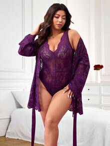Enliva Plus Size Women's Sheer Lace Bodysuit And Long Sleeve Jacket Set,Purple,Autumn,Elegant,Wedding, Two Pieces Valentine's Day Gift For Rounded Body - Purple - View 6