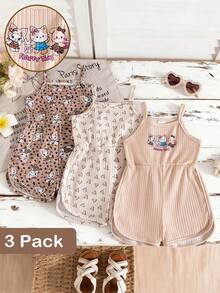 SHEIN 3pcs Baby Girls' Comfortable Casual Suspender Cartoon Print Earthy Tone Heart Print Romper, Stretchy Ribbed Knit Fabric, Soft & Skin-Friendly, Suitable For Daily & Home Wear, Spring