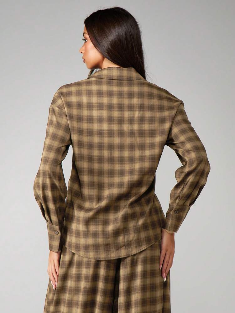 MISSGUIDED Shoulder Pad Plaid Button Front Blouse With Twist Detail And Long Sleeves For Women Fall Winter