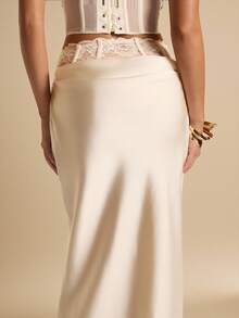 SHEIN BAE Chân váy đuôi cá bằng satin màu mơ phối ren, thanh lịch, thích hợp cho các bữa tiệc, sự kiện cocktail, váy sinh nhật, váy phù dâu, trang phục khách mời đám cưới, mùa xuân/hè. - Màu be - Xem 7